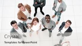  Presentation with team business top view - Slides enhanced with top view business woman talking to her business team background and a white colored foreground