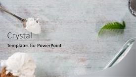  Presentation with coconut ice cream - Beautiful presentation theme featuring top view coconut ice cream wafer cone on white rustic wooden background copy space in middle backdrop and a light gray colored foreground