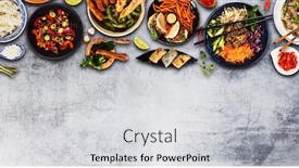  Presentation with free food - Slide set having top view composition of various asian food in bowls free space for text background and a light gray colored foreground