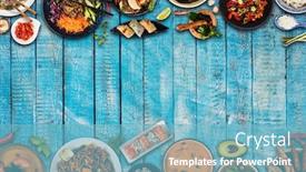  Presentation with free food - Amazing presentation theme having top view composition of various asian food in bowls free space for text backdrop and a light blue colored foreground