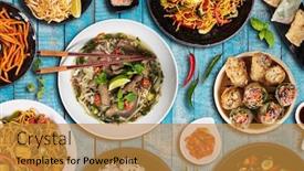  Presentation with asian food - Colorful PPT theme enhanced with top-view-composition-of-various backdrop and a gold colored foreground