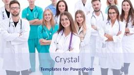  Presentation with interns - Cool new presentation theme with top-view-confident-doctors backdrop and a sky blue colored foreground