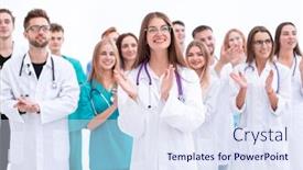  Presentation with interns - Presentation enhanced with top-view-confident-doctors background and a sky blue colored foreground