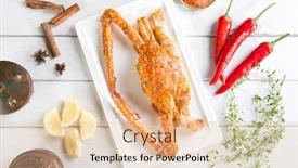  Presentation with hot sauce - Colorful slide set enhanced with top view cooked delicious hot and spicy sauce blue crab and ingredients on wood background backdrop and a lemonade colored foreground