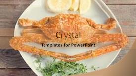  Presentation with hot sauce - Colorful slide set enhanced with top view cooked delicious hot and spicy sauce blue crab on white plate at wood background in vintage style fresh cook with hot smoke steams backdrop and a coral colored foreground