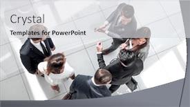  Presentation with employees - Colorful slide deck enhanced with top-view-employees-discussing-work backdrop and a light gray colored foreground