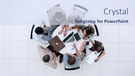  Presentation with financial report - Presentation design featuring top view employees make a financial report background and a sky blue colored foreground