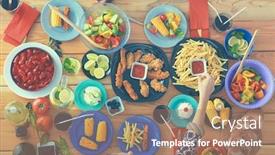  Presentation with small group top view - Colorful PPT theme enhanced with top view group of people having dinner together while sitting at wooden table backdrop and a coral colored foreground