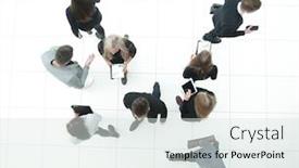  Presentation with diverse business people - PPT theme having top-view-group-of-serious background and a sky blue colored foreground