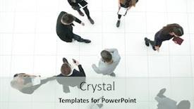  Presentation with diverse business people - Colorful slide deck enhanced with top-view-group-of-serious backdrop and a sky blue colored foreground