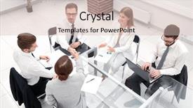  Presentation with negotiating - Beautiful presentation featuring top view handshake business partners backdrop and a soft green colored foreground