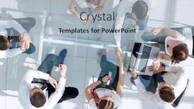  Presentation with employees - Beautiful PPT theme featuring top view handshake of employees at the working meeting backdrop and a light blue colored foreground
