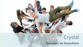  Presentation with tossing - Amazing slide set having top-view-happy-team backdrop and a sky blue colored foreground