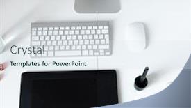  Presentation with personal - Presentation featuring top view image of a personal computer with graphic tablet on the table in office background and a sky blue colored foreground