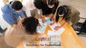  Presentation with brainstorming top view - Beautiful PPT theme featuring top-view-interracial-asian-business backdrop and a coral colored foreground