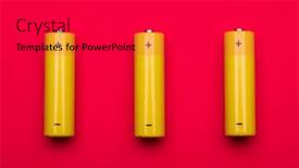  Presentation with batteries - Presentation featuring top view of 3 yellow aa alkaline or rechargeable nimh batteries on red background background and a dark gray colored foreground