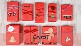 Presentation with designs christmas - Theme featuring top view of a group of christmas presents wrapped in red paper and decorated in various designs background and a coral colored foreground