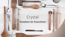  Presentation with cooking utensils - Audience pleasing PPT layouts consisting of top view of a group of cooking utensils on a rustic wood kitchen table arranged around a blank space for your copy backdrop and a soft green colored foreground