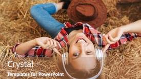  Presentation with cowgirl - Beautiful slide set featuring top view of a smiling young blonde cowgirl relaxing on a haystack at the barn listening to music with wireless headphones backdrop and a coral colored foreground