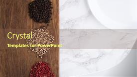  Presentation with white marble plate marble - Colorful slide set enhanced with top view of a spicy white red and black peppercorn heaps on a wooden cutting board with plate on white marble background backdrop and a tawny brown colored foreground