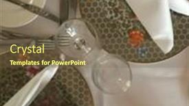  Presentation with napkins - Presentation theme consisting of top view of a table setting with old decorated plates empty glass and napkins background and a violet colored foreground