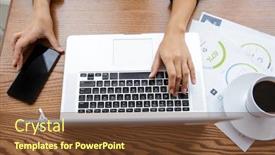  Presentation with laptop blank screen - PPT theme consisting of top-view-of-a-woman background and a tawny brown colored foreground