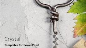  Presentation with invitation - Cool new slide deck with top view of an old cork screw and grape leaf on gray concrete background with space for text a horizontal design template for a tasting invitation or restaurant menu backdrop and a light gray colored foreground