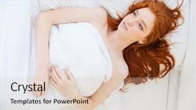  Presentation with long hair - Beautiful presentation theme featuring top view of attractive tender young woman with long red hair lying in bed backdrop and a lemonade colored foreground
