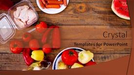  Presentation with bio - Colorful presentation enhanced with top view of bio healthy organic food set bottles of oil and vinegar with fresh vegetables meat and fruits on the wooden table backdrop and a red colored foreground