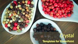  Presentation with pink green - PPT theme featuring top view of black green and pink pepper in spoon on a wooden table background and a tawny brown colored foreground