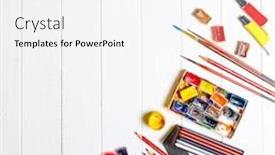  Presentation with colored pencils - Audience pleasing theme consisting of top view of brushes gouache backdrop and a white colored foreground