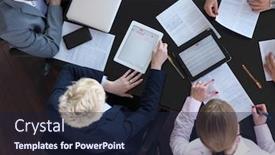  Presentation with business group meeting - Amazing PPT theme having top view of business people group on meeting working in modern bright office indoor with tablet computer backdrop and a wine colored foreground