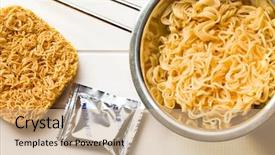  Presentation with noodles - PPT theme consisting of top view of chinese dried and boiled noodles on white wooden table background and a coral colored foreground