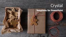  Presentation with wood rustic - Presentation having top view of christmas presents with a box of holiday shaped cookies on a rustic wood background background and a dark gray colored foreground