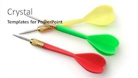  Presentation with abstract dark blue color crayons - Presentation theme with top view of color plastic darts isolated on white background and a white colored foreground