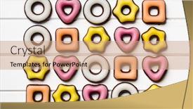  Presentation with confectionery - Cool new PPT layouts with top view of colorful confectionery of various shapes backdrop and a coral colored foreground