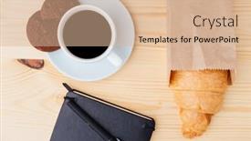  Presentation with croissant - Cool new PPT theme with top view of croissant coffee and black notebook on wooden table backdrop and a lemonade colored foreground