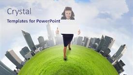  Presentation with blank - Audience pleasing theme consisting of top view of excited businesswoman holding white blank banner place for text backdrop and a sky blue colored foreground