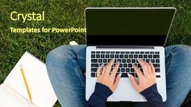  Presentation with laptop blank screen - Colorful theme enhanced with hands typing on blank screen backdrop and a tawny brown colored foreground