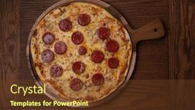  Presentation with mozzarella cheese - Presentation design featuring top view of fresh tasty pizza with turkish sausage and mozzarella cheese on wooden background background and a tawny brown colored foreground