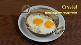  Presentation with copper - Slide deck having top view of fried egg in copper pan isolated on wooden table background and a tawny brown colored foreground
