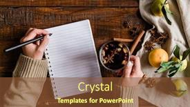  Presentation with notebook page - PPT layouts enhanced with top view of girl hands holding glass of mulled wine and pen over blank page of notebook while sitting by wooden table background and a tawny brown colored foreground