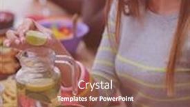  Presentation with fast food - Cool new PPT theme with top view of group of people having dinner together while sitting at wooden table food on the table people eat fast food backdrop and a violet colored foreground