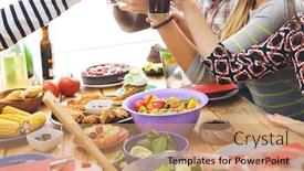  Presentation with fast food - Amazing PPT theme having top-view-of-group backdrop and a coral colored foreground