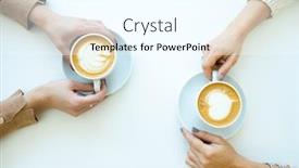  Presentation with holding hands - Beautiful PPT theme featuring top-view-of-hands backdrop and a cool aqua colored foreground