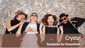  Presentation with sparkling - PPT layouts enhanced with top view of happy joyful friends lying on sparkling confetti background background and a violet colored foreground