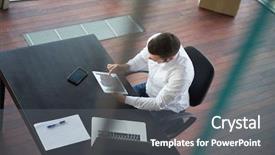  Presentation with young business man - Presentation featuring top view of happy young business man work tablet and laptop and relax at modern bright office interior successful hipster with beard at workplace background and a gray colored foreground