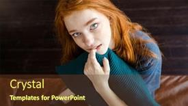  Presentation with brown leather - Audience pleasing presentation theme consisting of top view of lovely cute curious redhead young lady sitting on brown leather sofa hugging knitted pillow and looking camera backdrop and a tawny brown colored foreground