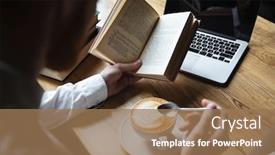  Presentation with coffee book - PPT theme with top view of man in white shirt stirring coffee while reading book background and a coral colored foreground