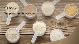  Presentation with brown rice - Presentation with slices of raw tofu on wooden bowl top view background and a light gray colored foreground